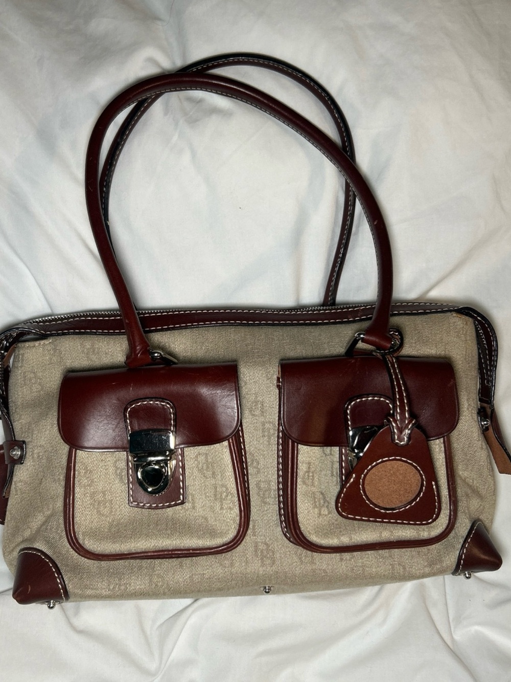 Dooney & Bourke double pocket tote. Signature Taupe Jacquard a Brow Leather Bag